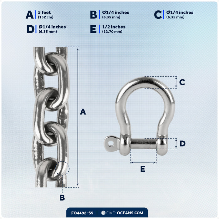 Anchor Chain 1/4" x 5' with 2 Shackles, HT G4 Stainless Steel - FO4492-S5 - Five Oceans