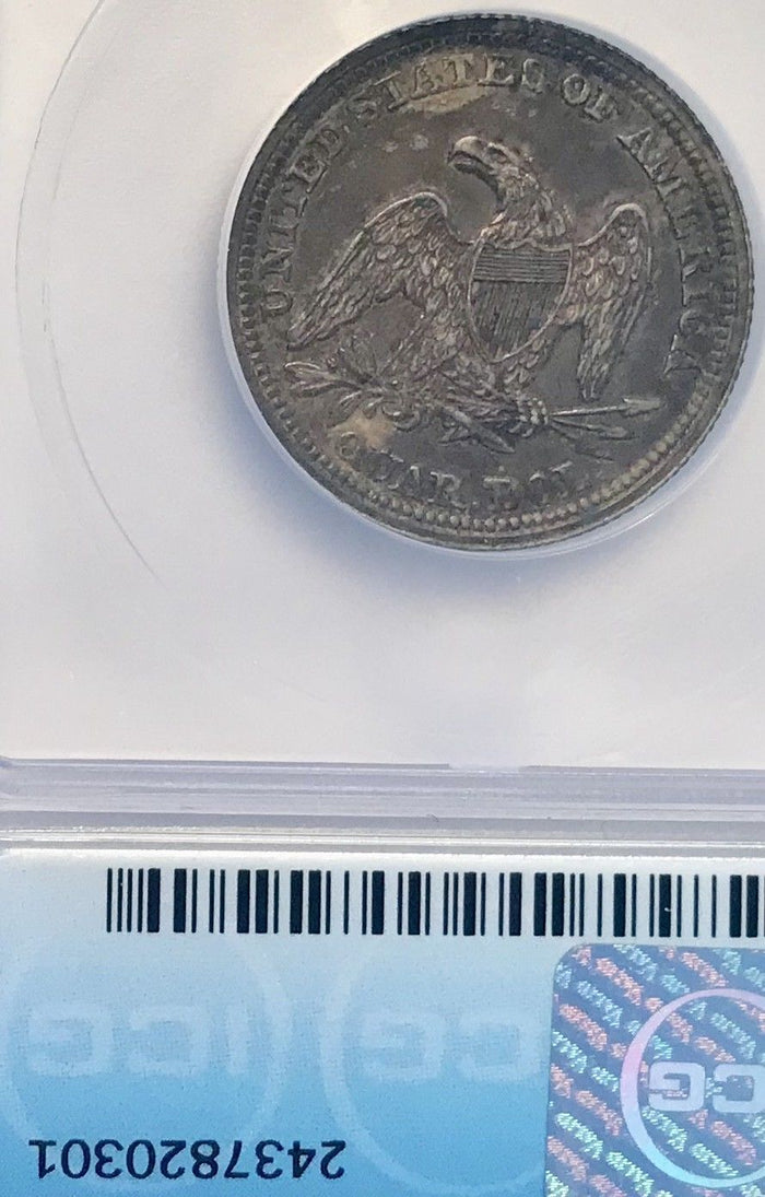 1858 Seated Liberty Quarter ICG AU58 | Of Coins & Crystals