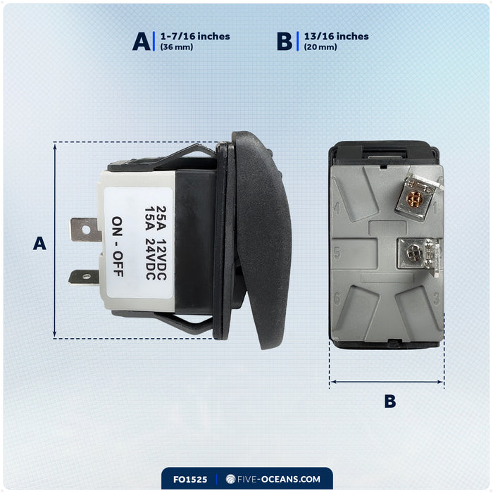 2-Pin On-Off Rocker Switch, SPST, 25A/12V DC - 15A/24V DC - FO1525 - Five Oceans