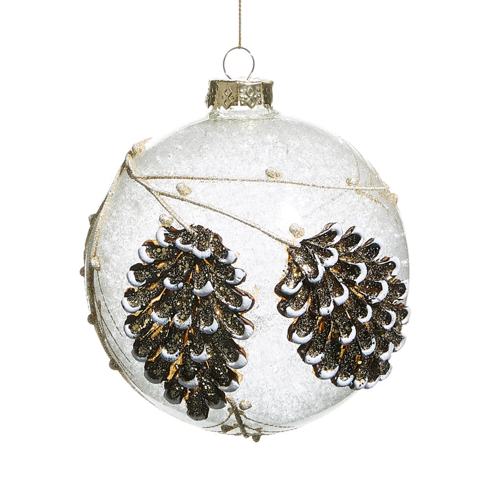 5-inch clear glass ball ornament featuring detailed pinecone illustrations with gold glitter accents and a festive finish.