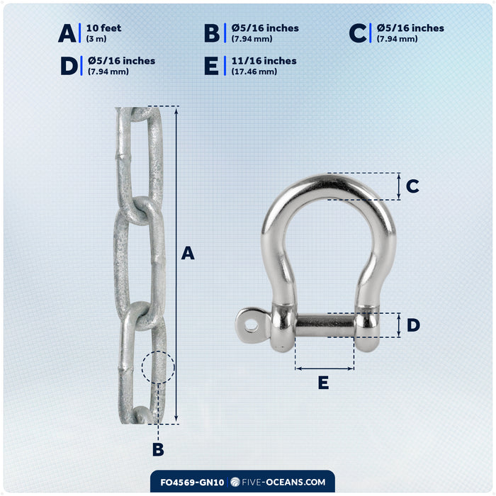 Anchor Chain 5/16" x 10' with Shackles - Galvanized Steel - FO4569-GN10 - Five Oceans