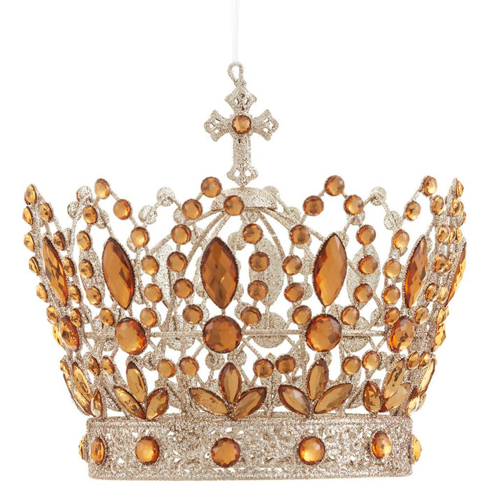 7-inch amber gold crown ornament featuring glittered metalwork and sparkling rhinestone accents topped with a cross.