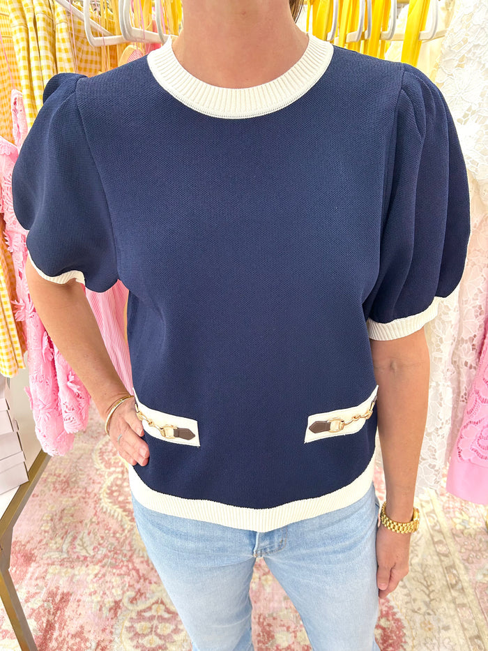Horse Bit Puff Sleeve Top (Navy/Cream)