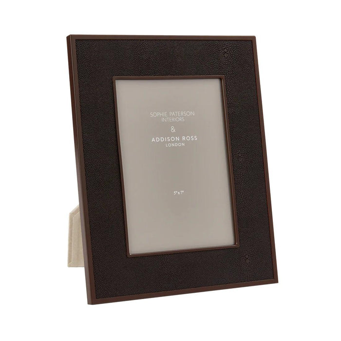 Anthracite faux shagreen 5x7 photo frame with a bronze metal trim and a black velvet back stand.
