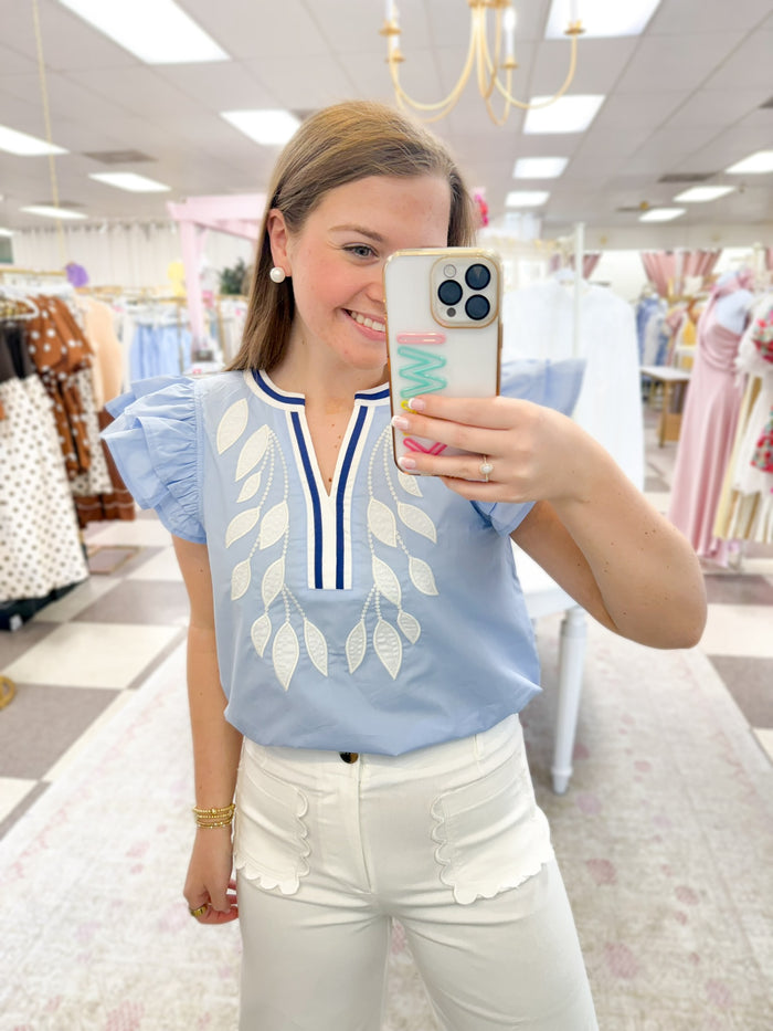 Ascension Blue/LT Blue/White Embroidered Top