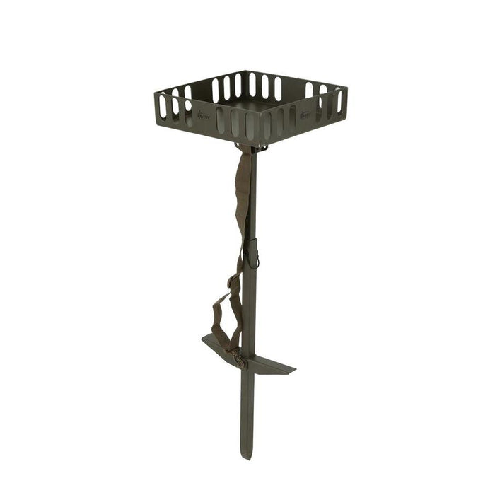 Olive green aluminum waterfowl marsh table with a 12-inch square surface, adjustable height, and carrying strap.