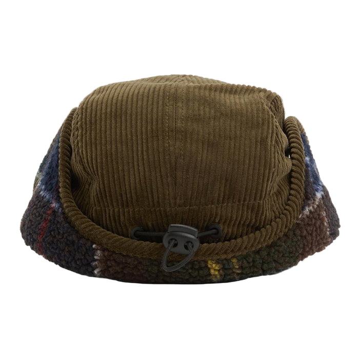 Olive green corduroy Barbour trapper hat with tartan fleece-lined ear flaps and an adjustable black toggle cord.