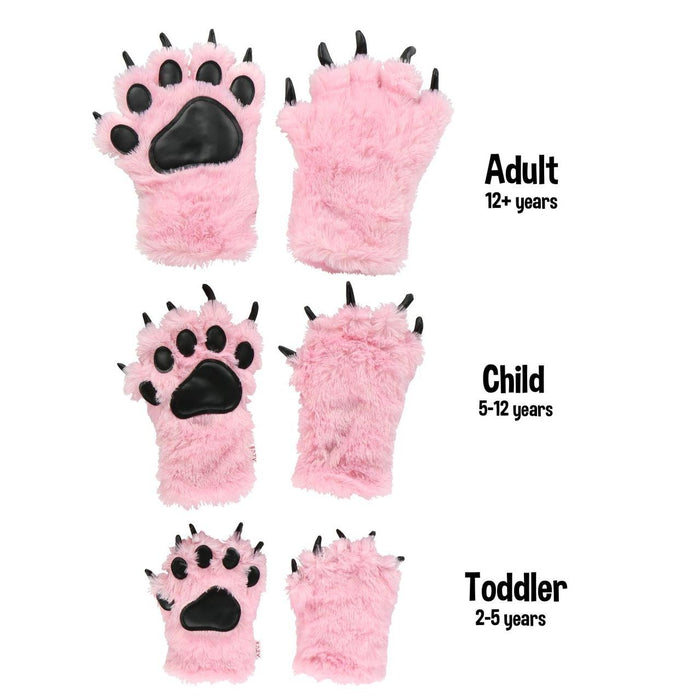 Plush pink faux fur bear paw mitts with black vinyl pads and claws, shown in adult, child, and toddler sizes.