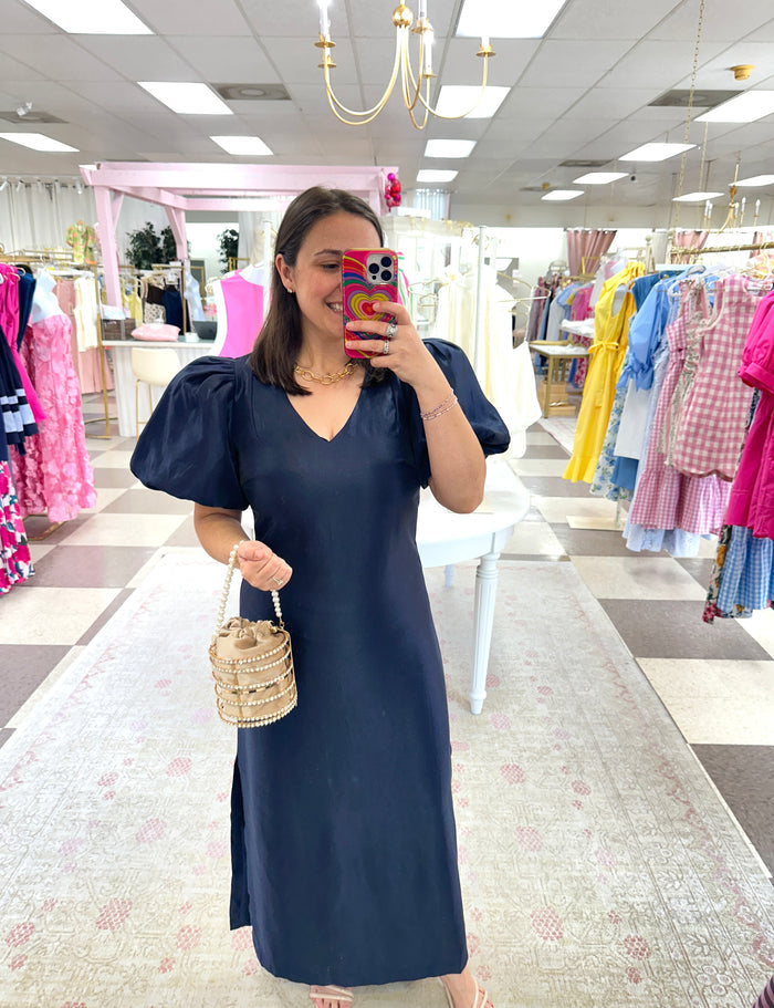 Caroline Navy Puff Sleeve Maxi Dress