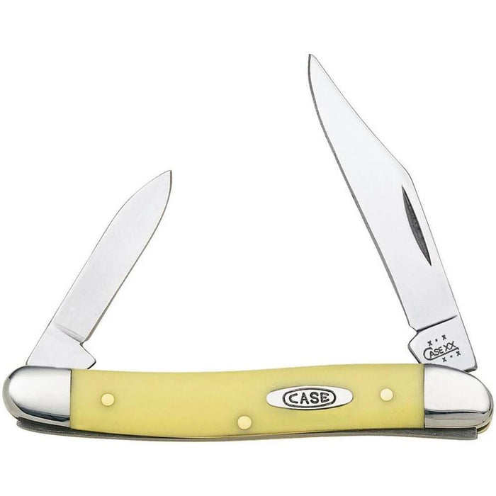 Case 00109 folding pen knife with a yellow synthetic handle and two polished vanadium steel clip and pen blades.