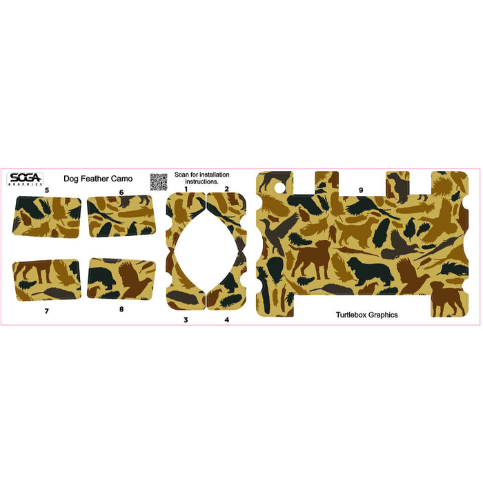 Dog Feather Camo vinyl skin for Turtlebox speakers featuring brown and tan hunting dog and feather patterns on a sheet.
