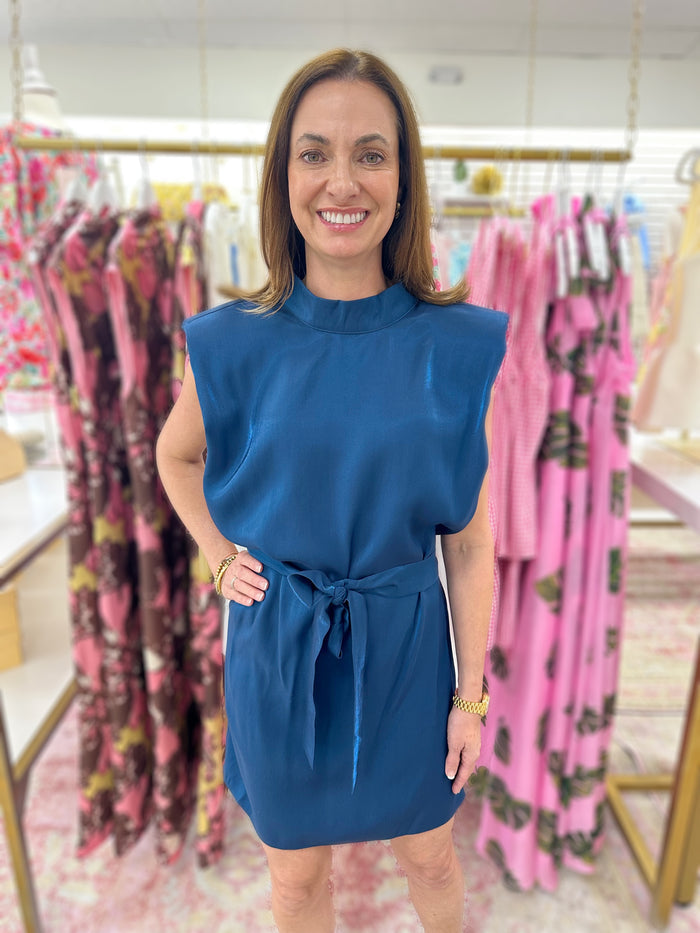 Electric Blue Mock Cowl Neck Waist Tie Mini Dress