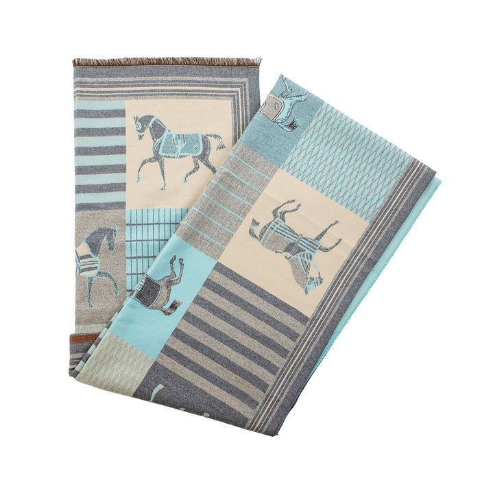 Blue and beige equestrian print scarf with striped panels and delicate fringe edges on a white background.