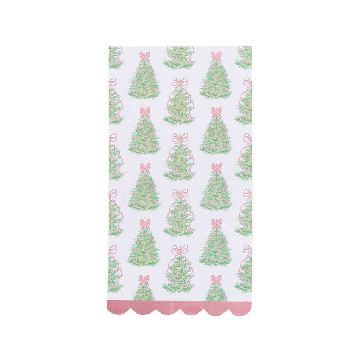 Festive 3-ply paper guest towel with a Christmas tree print and a decorative pink scalloped edge.