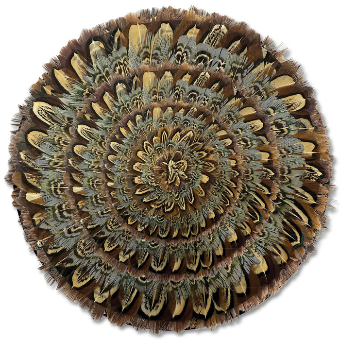 16-inch round placemat handcrafted with iridescent brown, grey, and khaki pheasant feathers in a layered circular design.