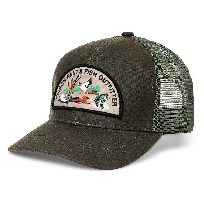 Otter Green Filson Logger mesh cap with a curved brim and a custom Hunt & Fish embroidered patch on the front.