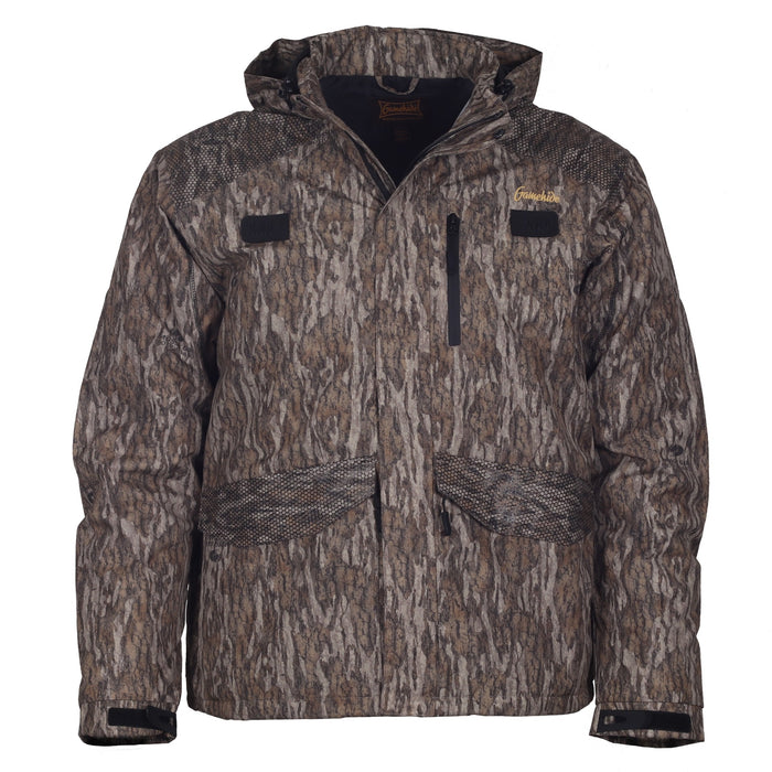 Gamehide Slough Creek waterfowl jacket in camo print with shoulder grips, hood, and large zippered dump pockets.