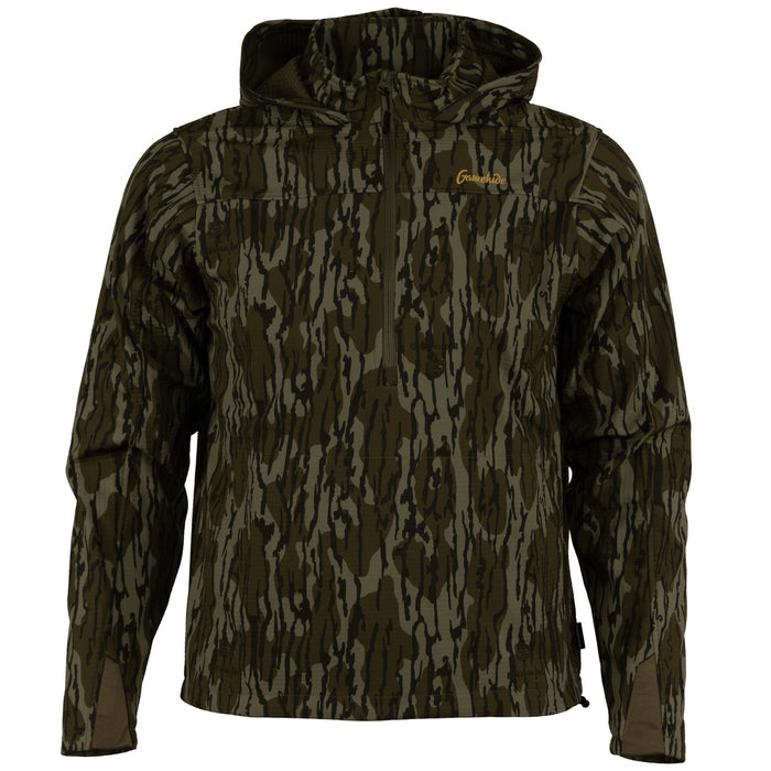 Gamehide Solitude Ridge camo pullover with hood, quarter-zip front, and silent HyperHide fabric for hunting.