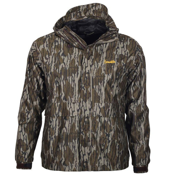 Youth Gamehide waterproof hunting jacket in camouflage print with a hood, zippered pockets, and mesh lining.