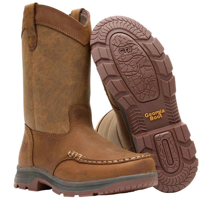 Brown leather Georgia Boot Athens SuperLyte pull-on boot with slip-resistant Carbo-Tec rubber outsole.