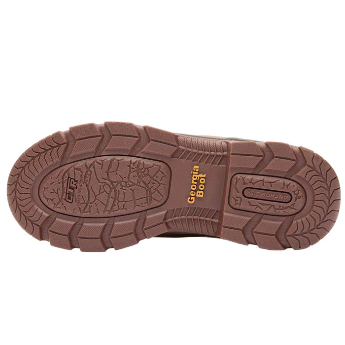Brown Carbo-Tec rubber outsole of a Georgia Boot kids' wallabe with slip-resistant tread and Georgia Boot branding.