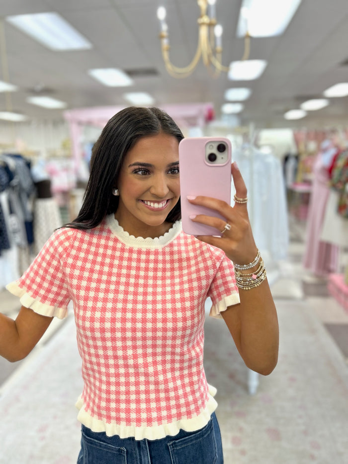 Gingham with Ruffle SS Sweater (Pink)