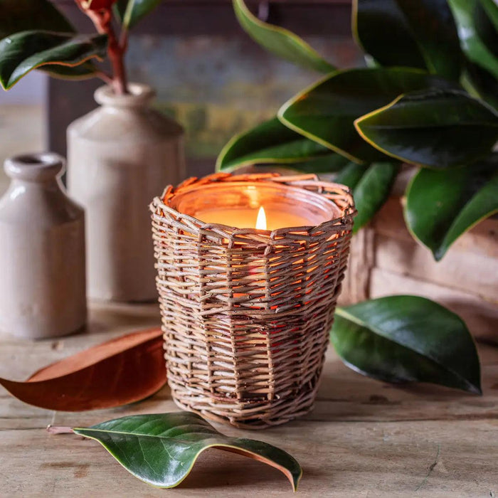 Grand Magnolia candle in a 5-inch woven wicker holder, glowing with a warm flame and surrounded by fresh magnolia leaves.