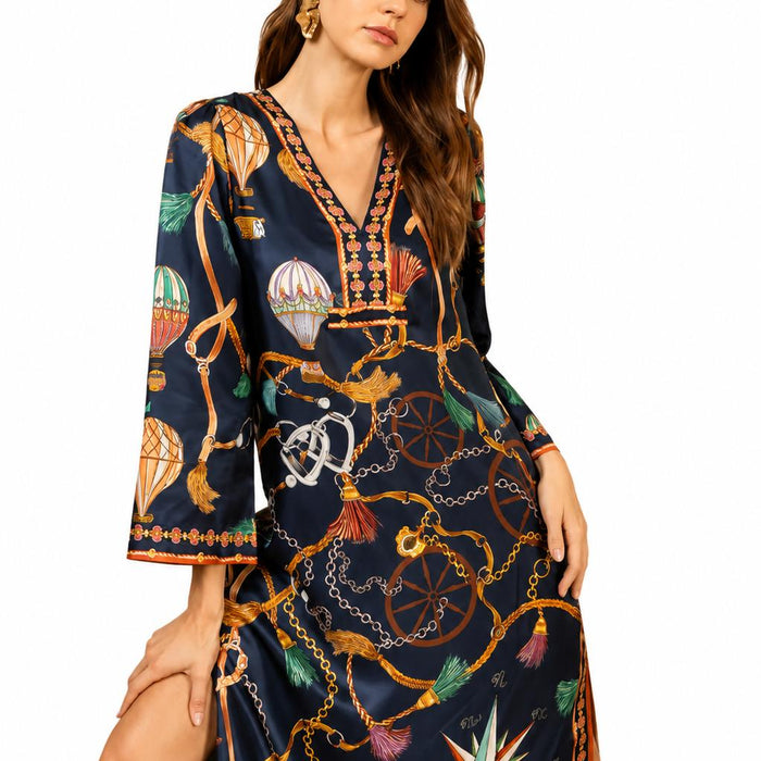 Hale Bob Valery long navy silk dress with a colorful hot air balloon and chain print, V-neckline, and three-quarter sleeves.