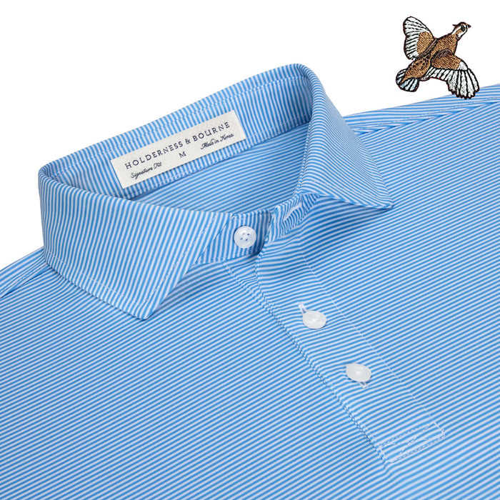 Blue and white striped Holderness & Bourne performance polo with Kevin's Quail embroidery and a button-down collar.