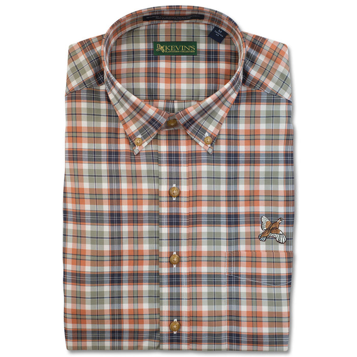 Kevin's long-sleeve button-down shirt in orange, green, and navy plaid with a quail embroidery on the chest pocket.