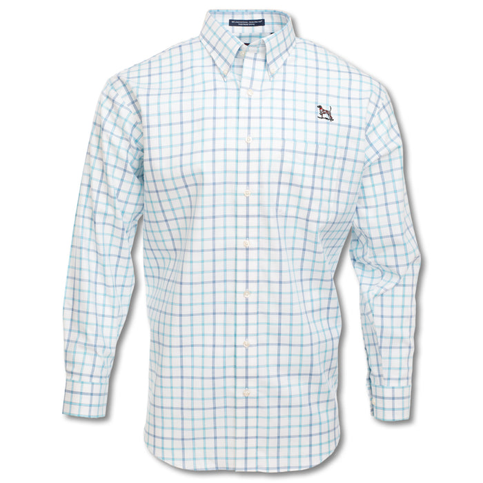 Kevin's wrinkle-free long-sleeve button-down shirt in a white, blue, and teal plaid pattern with a pointer dog logo.