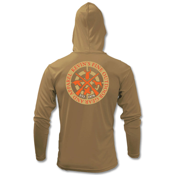 Tan long-sleeve performance hoodie for kids with a back graphic of crossed guns and Kevin's Fine Outdoor Gear logo.