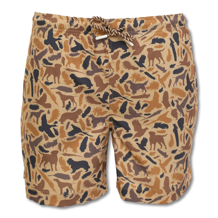 Men's performance swim trunks in tan with a brown dog and feather camo print, featuring an elastic drawstring waistband.