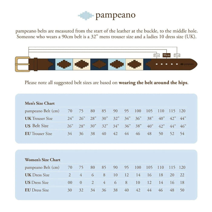 Pampeano Jefe polo belt size guide showing leather belt measurements and conversion charts for men's and women's sizing.