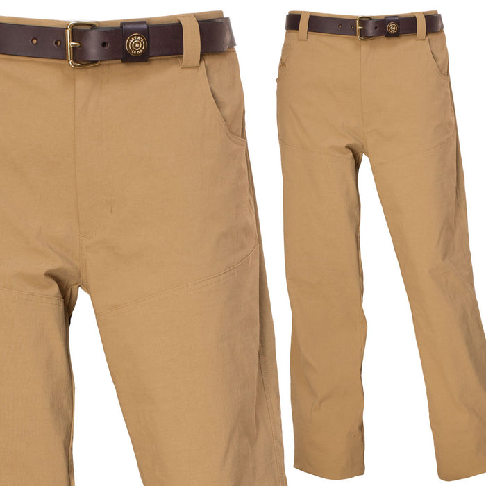 Tan performance stretch brush pants with durable facing detail, five-pocket design, and a brown leather belt.