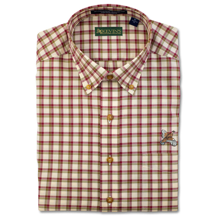 Kevin's long-sleeve cotton button-down shirt in a red and tan plaid pattern with a quail embroidery on the chest pocket.