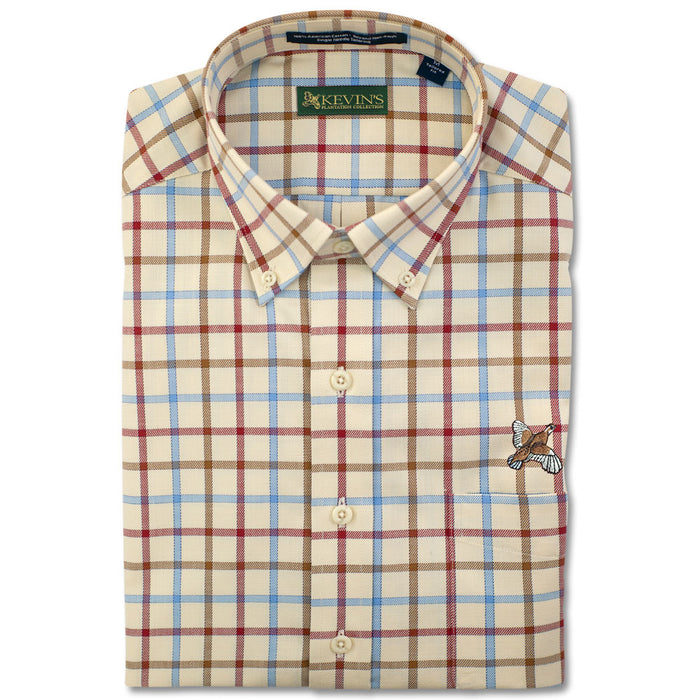 Kevin's long-sleeve cotton shirt in a beige, red, and blue plaid pattern with a quail embroidery and button-down collar.