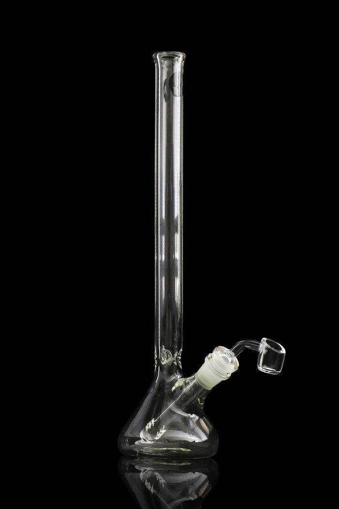 Tall front view of the LA Pipes 14" Scientific Beaker Bong Bong in clear glass against a black background.