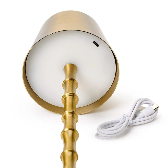 Gold cordless bamboo-style LED lamp with a metal shade, white diffuser, and included USB charging cable.