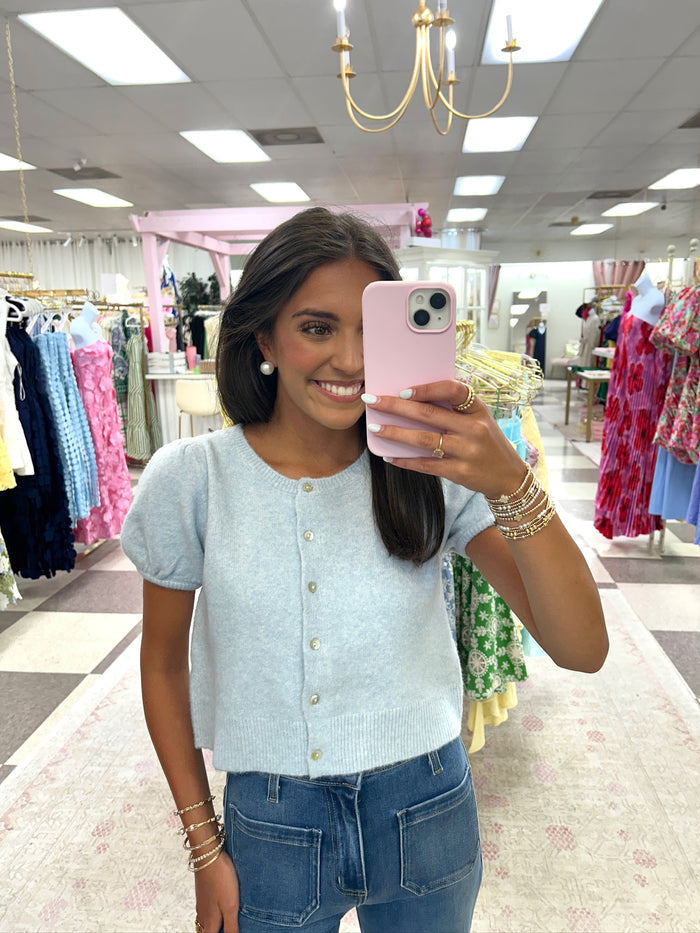 Miller Puff Sleeve Knit Button Up Top (Blue)