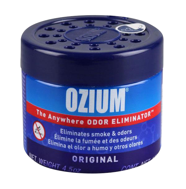 Front-facing studio shot of a blue Ozium Odor Eliminator Gel canister with a perforated dark blue lid and bold white logo on the label.