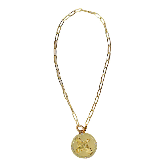 14K gold-plated paperclip chain necklace featuring an embossed quail medallion with four white zircon accents.