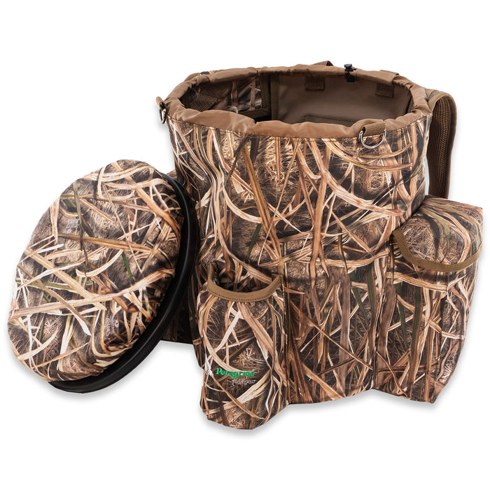 Camo bucket backpack carrier with side gear pockets, insulated drink holder, and a matching silent spinning seat lid.