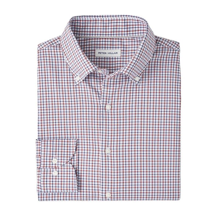 Peter Millar Julian Crown Lite button-down sport shirt in a red and navy blue plaid cotton-stretch fabric.