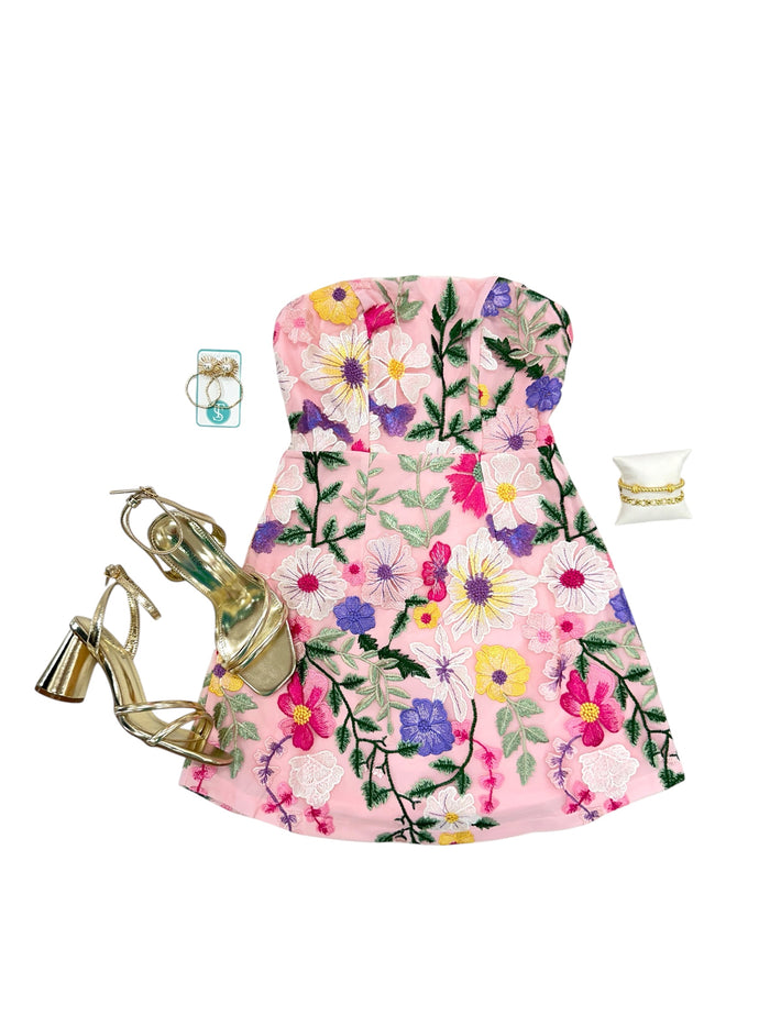Pink Embroidered Flower Strapless Mini Dress