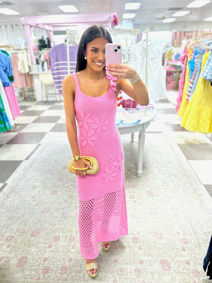 Pink Resort Flower Applique Knit Midi Dress