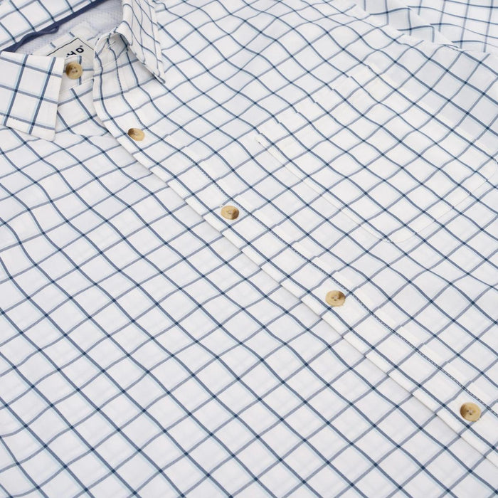 White long-sleeve performance shirt with a navy blue grid pattern, button-down collar, and single chest pocket.