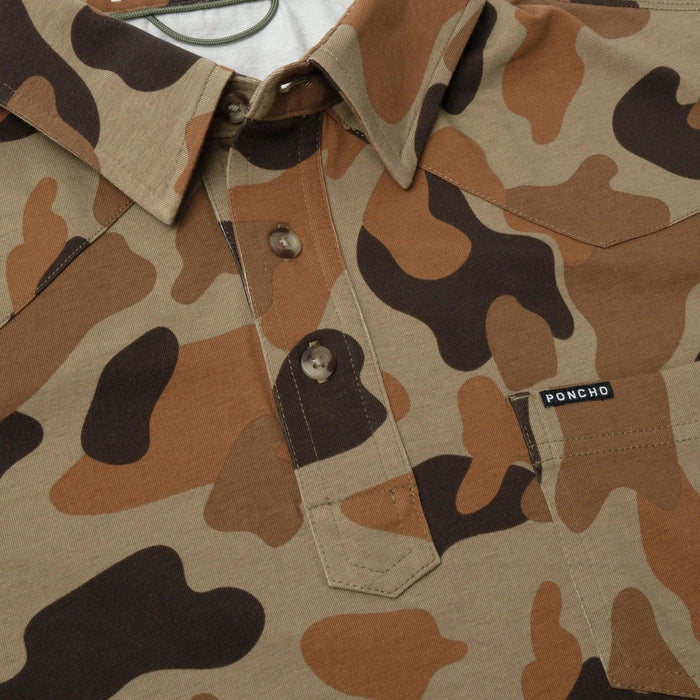 Poncho Dove Stool Field Polo in brown camouflage Pima cotton with a chest pocket, button placket, and western-style yoke.