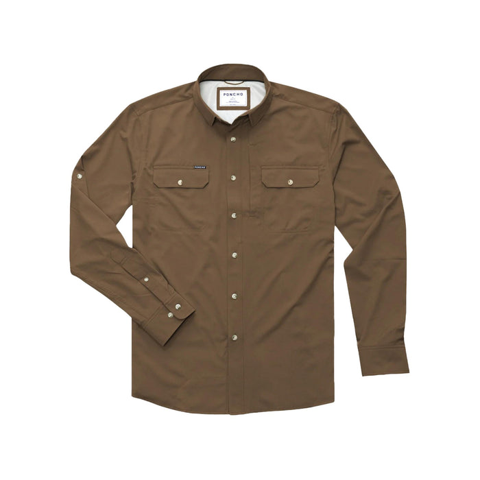 Brown Poncho Levelland long sleeve performance shirt with button-down collar, dual chest pockets, and roll-up sleeve tabs.
