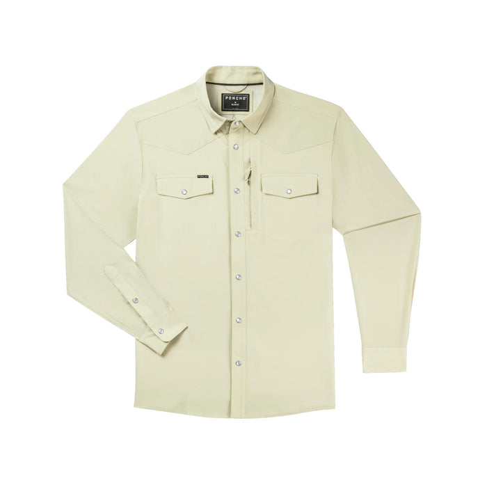 Tan long-sleeve Western performance shirt with Tuff-Thread fabric, snap buttons, and dual chest pockets.